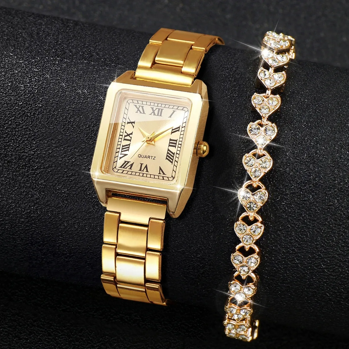 

2 шт. Элегантные прямоугольные женские часы с браслетом из страз, модный циферблат в римском стиле, кварцевые наручные часы для женщин (без коробки)