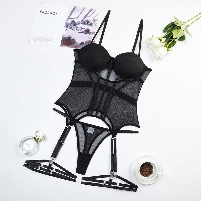 ECTOOKO 2-Piece Mesh Lingerie Set Spaghetti Strap Patchwork Classic Black Erotic Set without Bloves Padded Breif Nightwear 2023