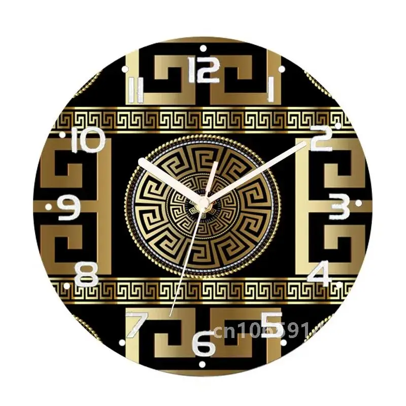 Luxury Black Gold Greek Key Meander Wall Clock Watch for Living Room Home Decor Modern Digital Round Wall Clocks 10 12 14 inch