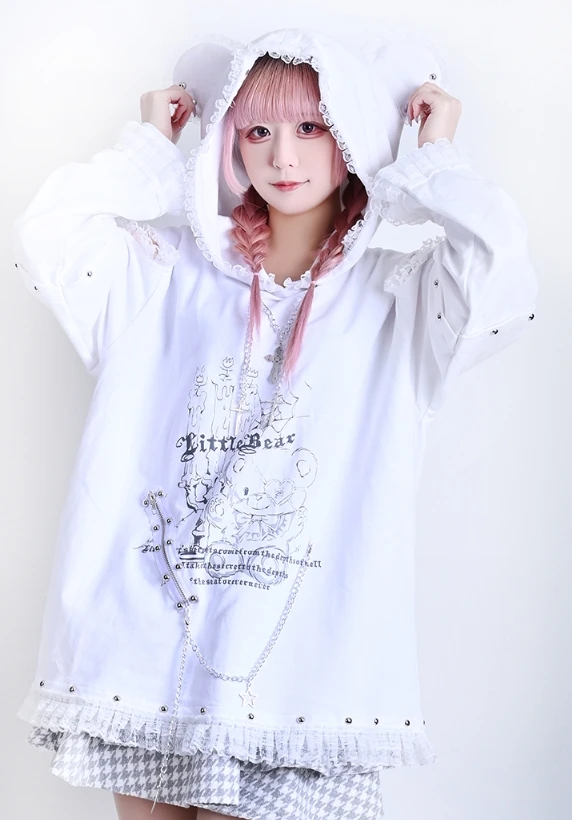 Bandage Lace Cross Chain Decorative Off-Shoulder Bears Ears Hooded Long Sleeve Sweatshirts 2025 Spring Summer Hoodies Women