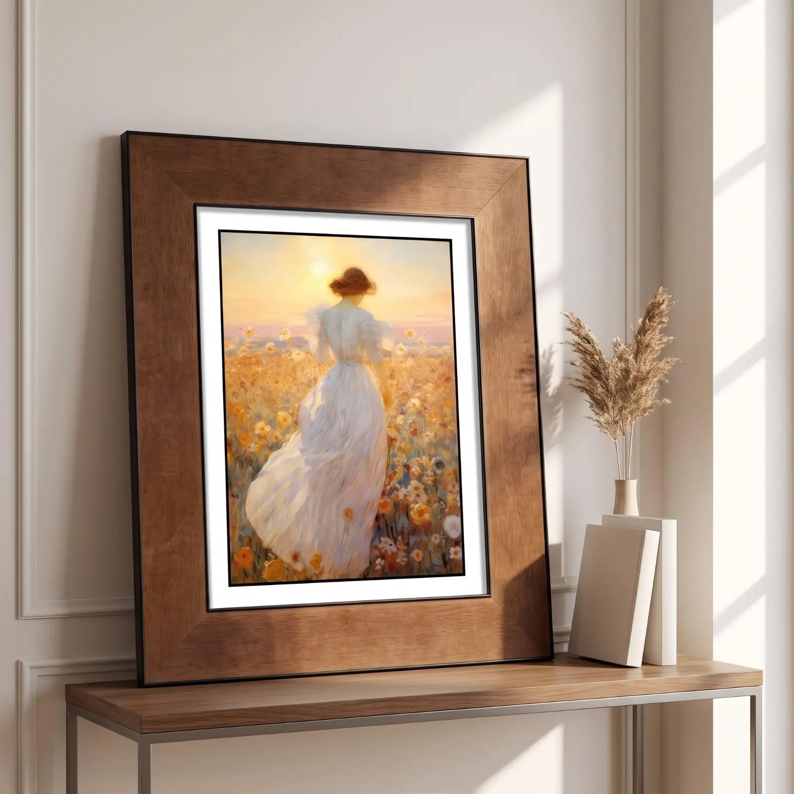 wood-framed-wall-picture-of-woman-in-white-dress-nature-scene-for-home-interior-warm-decor