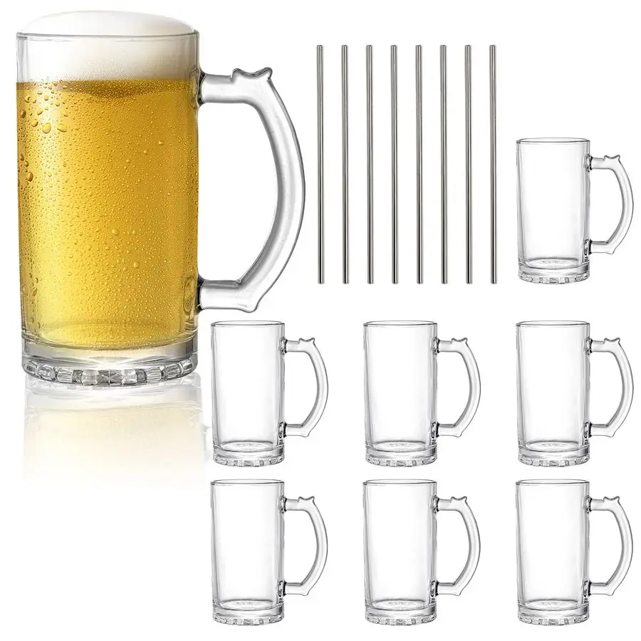 

8 Pack 16 Oz Glass Beer Mug with Handle, Heavy Large Glass Steins Beer Cups with Stainless Steel Straws, Heavy Base, Thick Drink