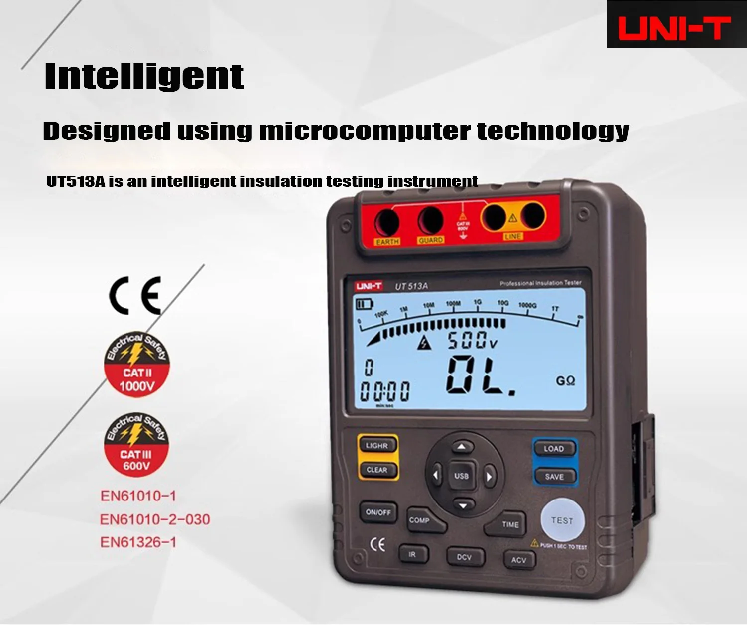UNI-T UT513A Insulation Resistance Tester Voltmeter 5000V 1000G ohm w/USB Interface Earth Ground Meter UNI-T UT513A