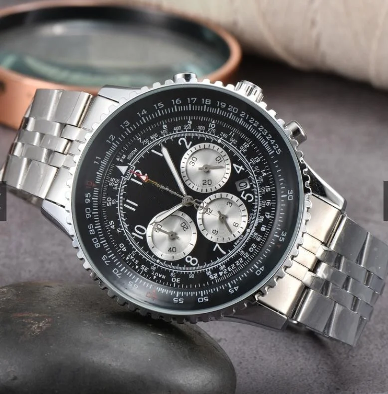 ساعة كرونوغراف فاخرة للرجال بثلاث عيون وستة يد وكاملة الوظائف كوارتز مع حزام جلدي، جودة عالية.