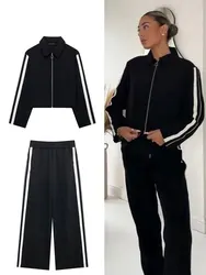 TRAFZA Women Fashion Side Stripe Coat Pant Set Long Sleeve Zipper Jacket Elastic Waist Wide Leg Pants High Street Lady Outfit
