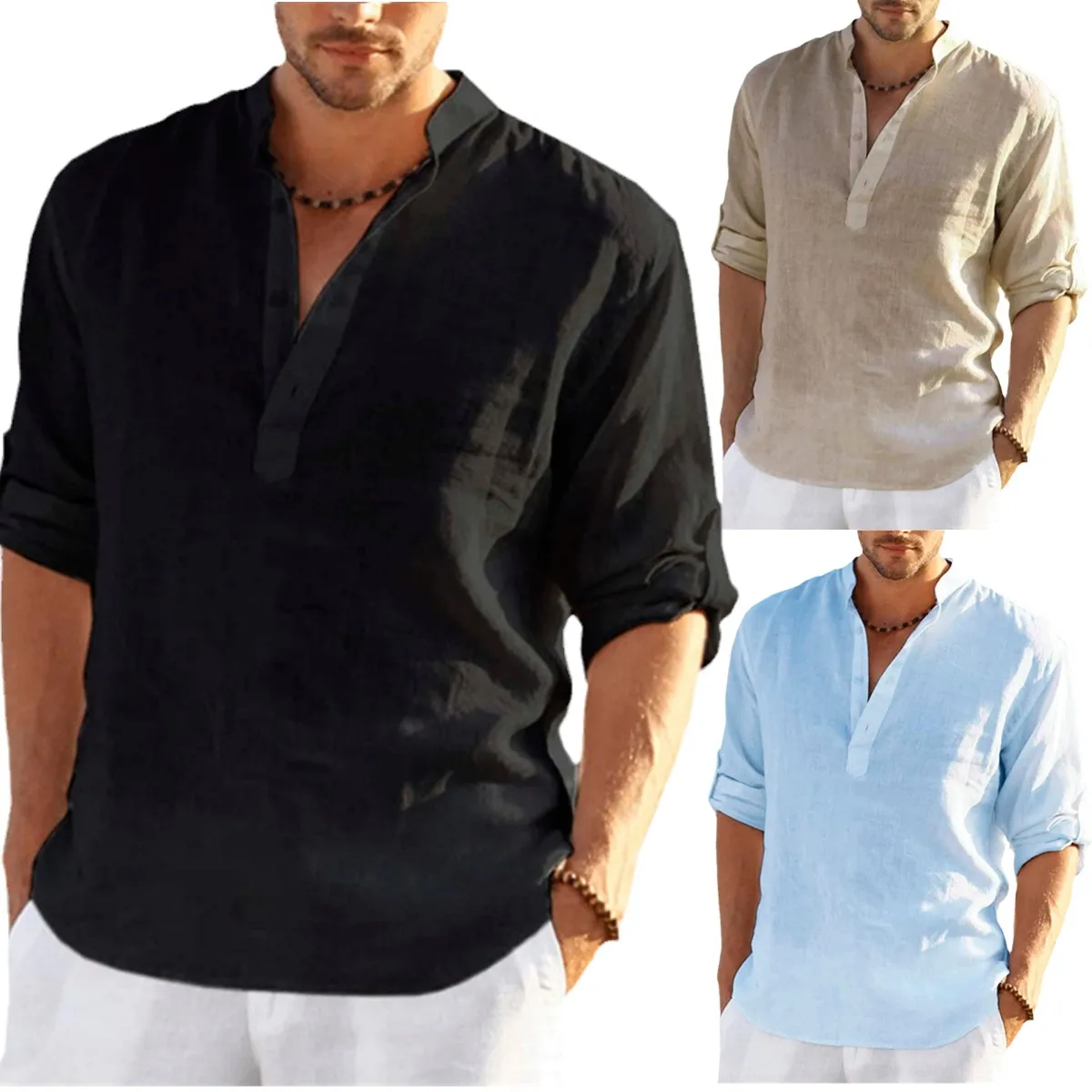 Mens Solid Linen Beach Shirts Cotton Casual Loose Summer Shirt Blouse Tops Daily Linen Long Sleeve Summer Men Clothing Plus Size