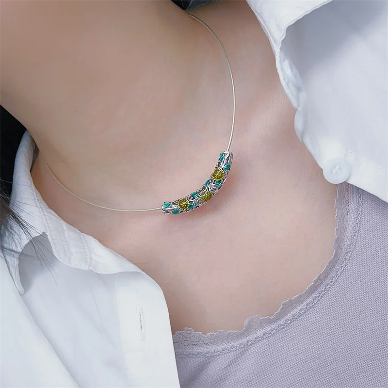 

Sterling Silver Necklace Pendant S925 For Woman Female Girl Retro Style Enamel Original Manual Popular Fashion Boutique Jewelry