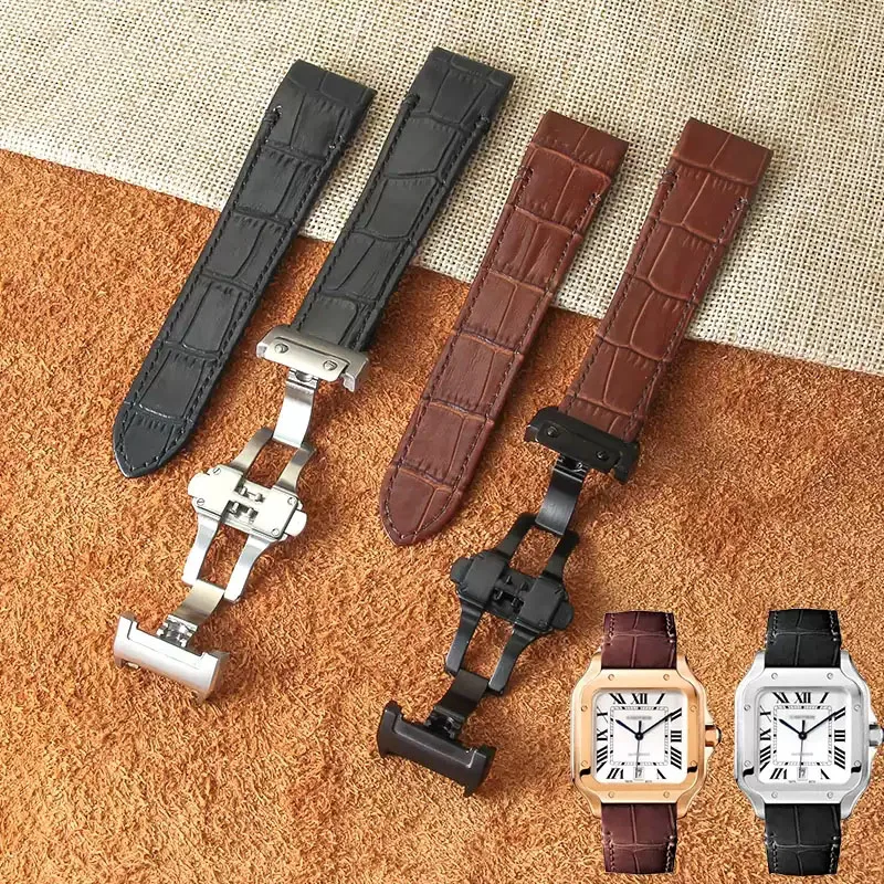 20mm 23mm For Cartier Santos 100 Men Women Cowhide Straps Folding Buckle Waterproof and sweatproof Genuine Leather Watchband