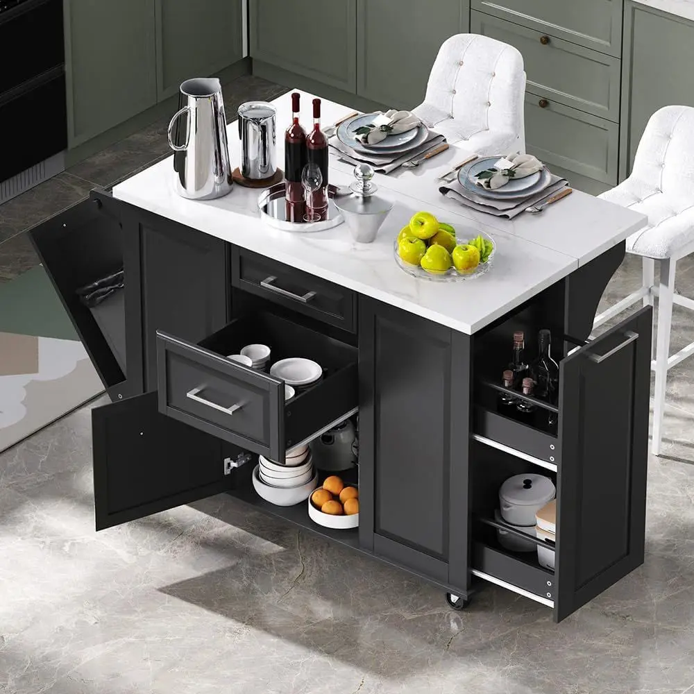 50.7 Mobile Kitchen Island with Storage, Drop Leaf, 2 Drawers & Trash Bin Cabinet (Black)