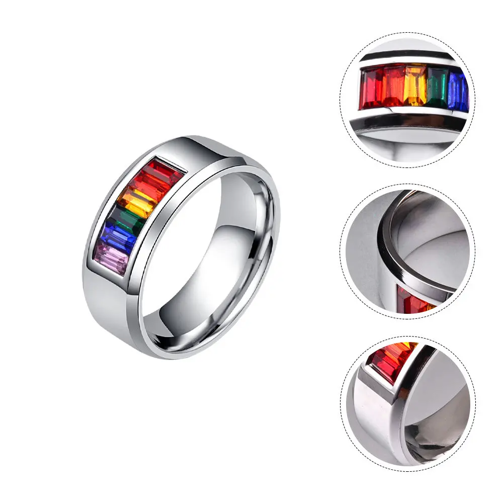 Rainbow Pride Ring for Men Women – Titanium Steel Colorful Rhinestone Adjustable Fashion Finger Ring