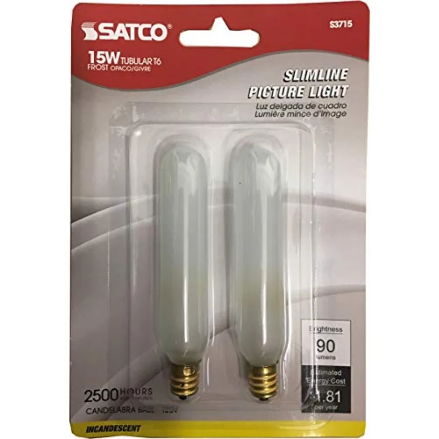 

S3715 Blister Pack with Two T6 Candelabra Tubular 15 Watt 120V Incandescent Dimmable Frosted Bulbs; Total of 2 Bulbs; C-5A Fila