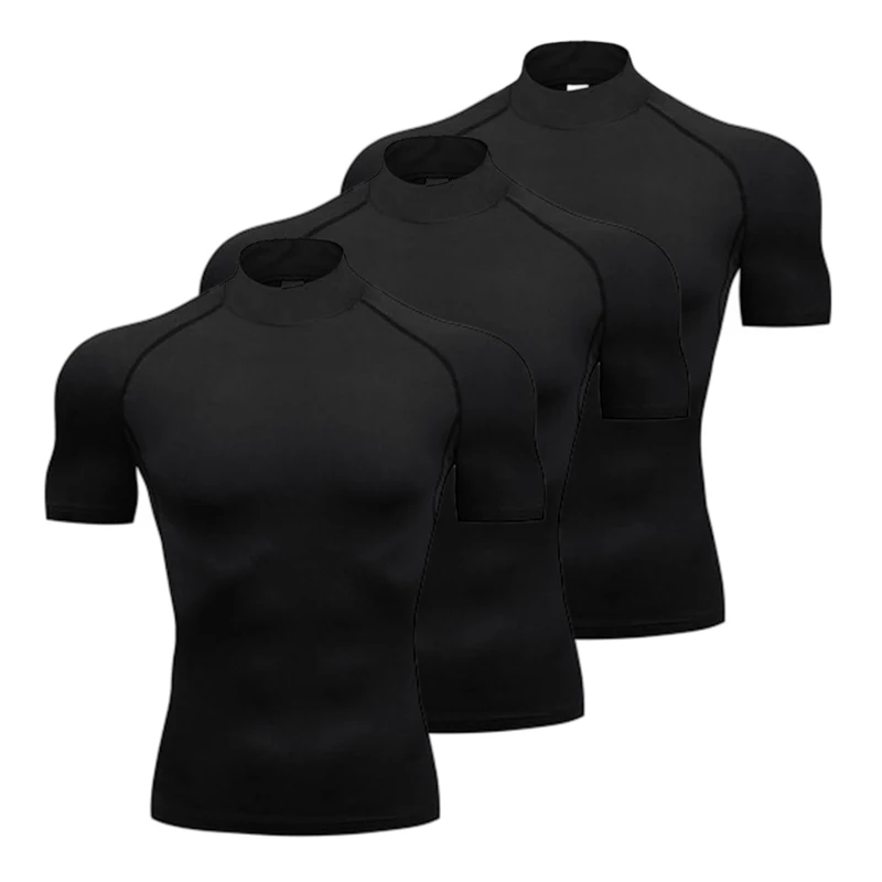 

1/3 Pcs Soild Mens Turtleneck Running T-shirts Summer Compression Shirts Elastic Quick Dry Sports Tees Gym Short Sleeve T Shirt