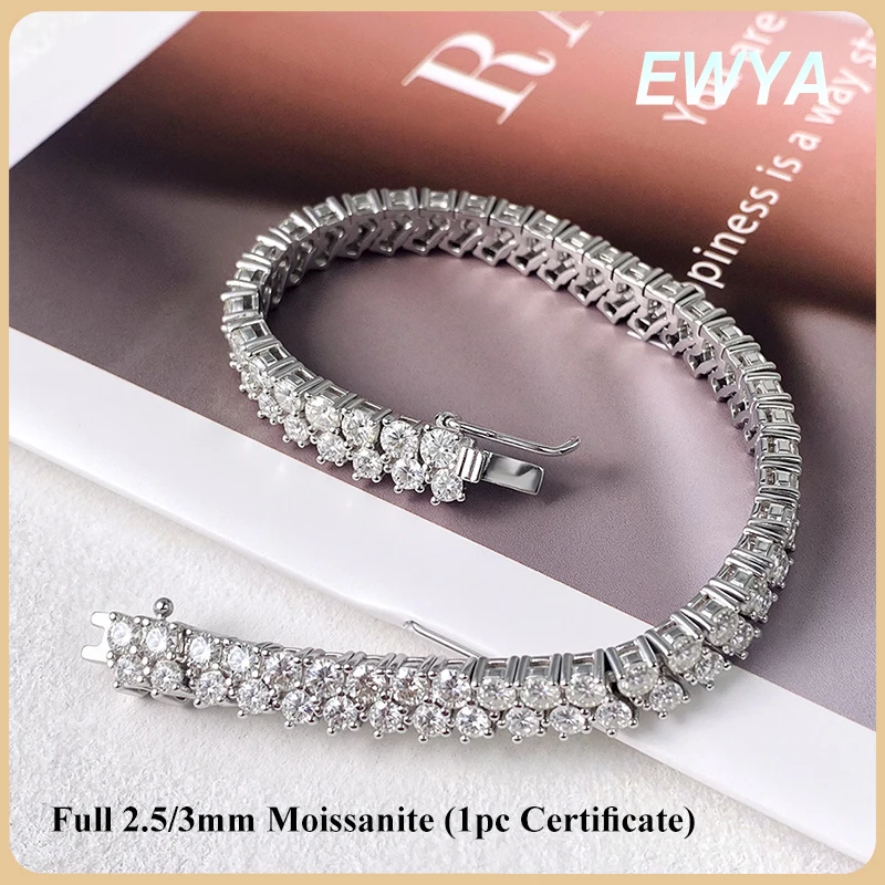EWYA Double Row Full 2.5/3mm Round Cut Moissanite Tennis Bracelet D Color Lab Diamond 925 Silver Women Man Link Bracelets Gift