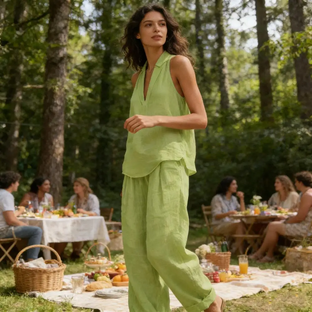 

Women Halter Sleeveless 2 Piece Outfit V-Neck Top High Waist Casual Loose Pants Summer Loungewear Sets for Casual Party Office D