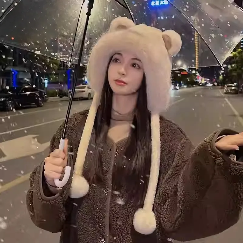 الشتاء الدب أفخم قبعة في الهواء الطلق ركوب الدراجات حماية الأذن قبعة سميكة قبعة تدفئة عادية الصوف الفتيات قبعة المرأة أساسيات الدفء