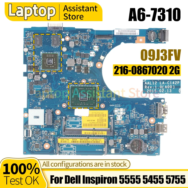 

For Dell Inspiron 5555 5455 5755 Mainboard LA-C142P 09J3FV AM7310 216-0867020 2G 100％ test Notebook Motherboard