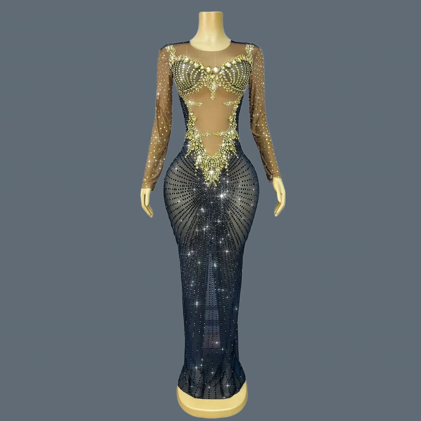 

Luxury Sparkly Rhinestone Event Long Sleeves Dress Elegant Party Evening See Through Mesh Gown Wedding Formal Long Dress Chijin