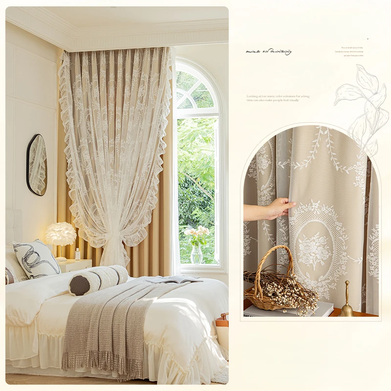 French Light Luxury Curtain Blackout Bedroom Double Layer Lace Gauze Curtains Princess Style Cream 2023 New Living Room Drapes