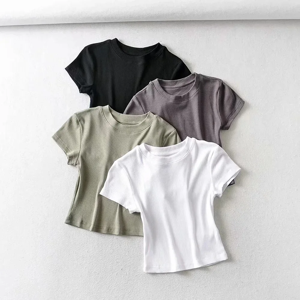 

Summer Sexy Women O-neck Short-sleeve T-shirt Slim Elastic Skinny Crop Tops Spring Summer Threaded Top Women's Short Sleeved Top