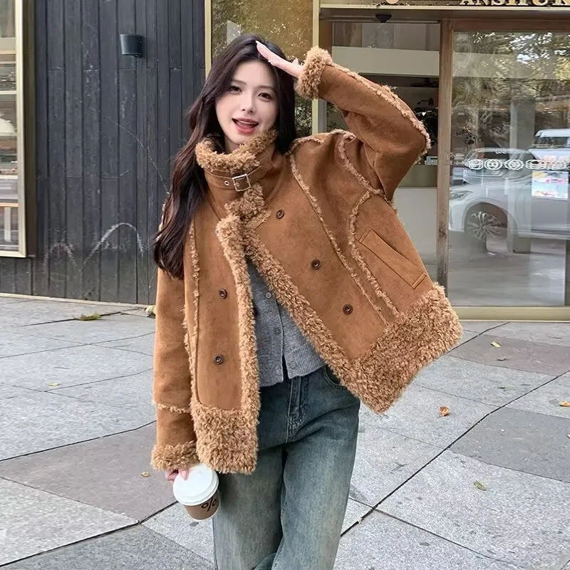 Short Fur One-Piece Imitation Lamb Fur Coat For Women's Winter 2025 New Style Hooded Double-Sided Imitation Suede Top Khaki Coat