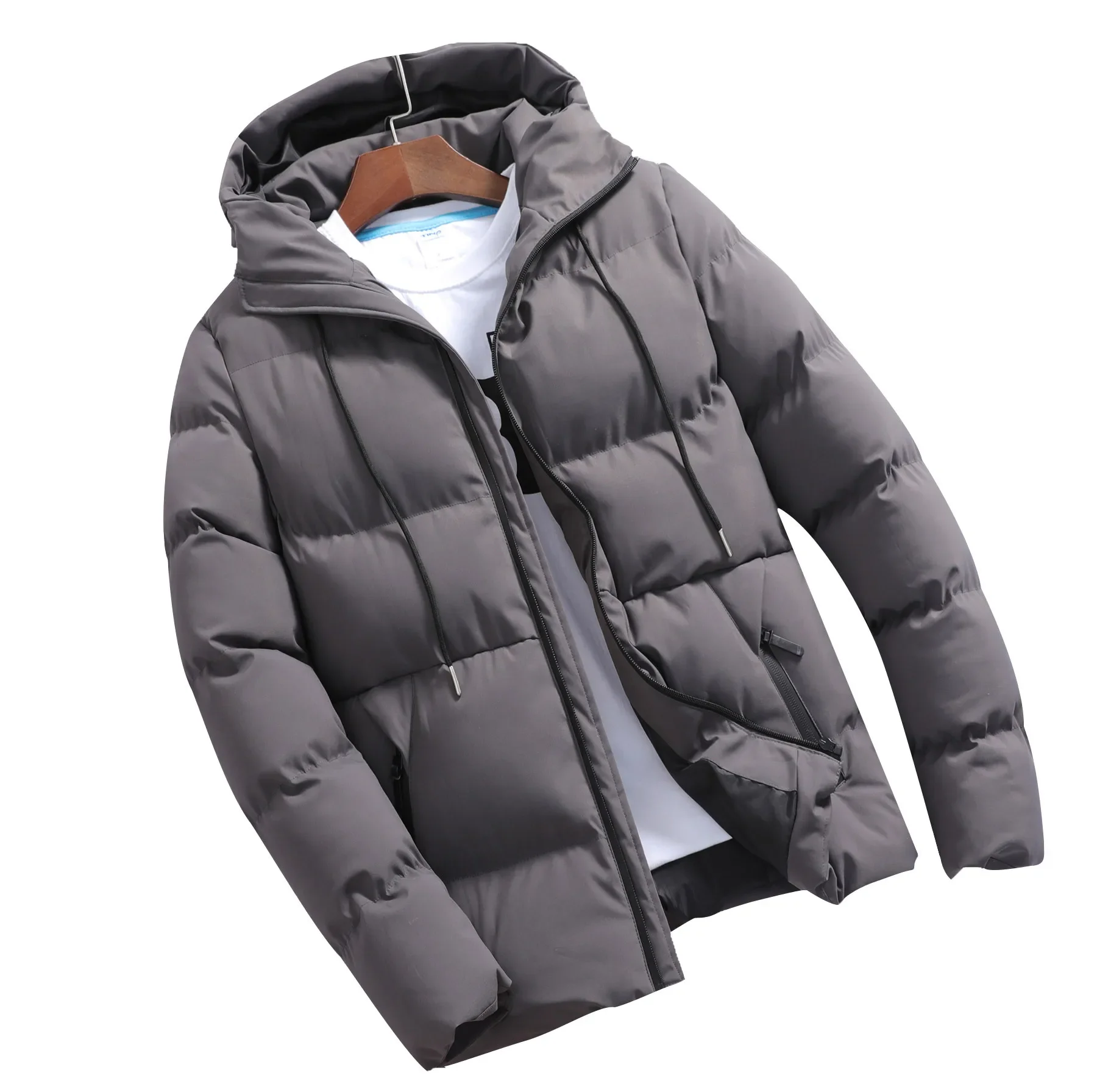 Winter Men's Padded Warm Cotton-padded Jacket Solid Color Zipper Hooded Fluffy Casual Coat Outdoor Ski Riding Warm Clothes