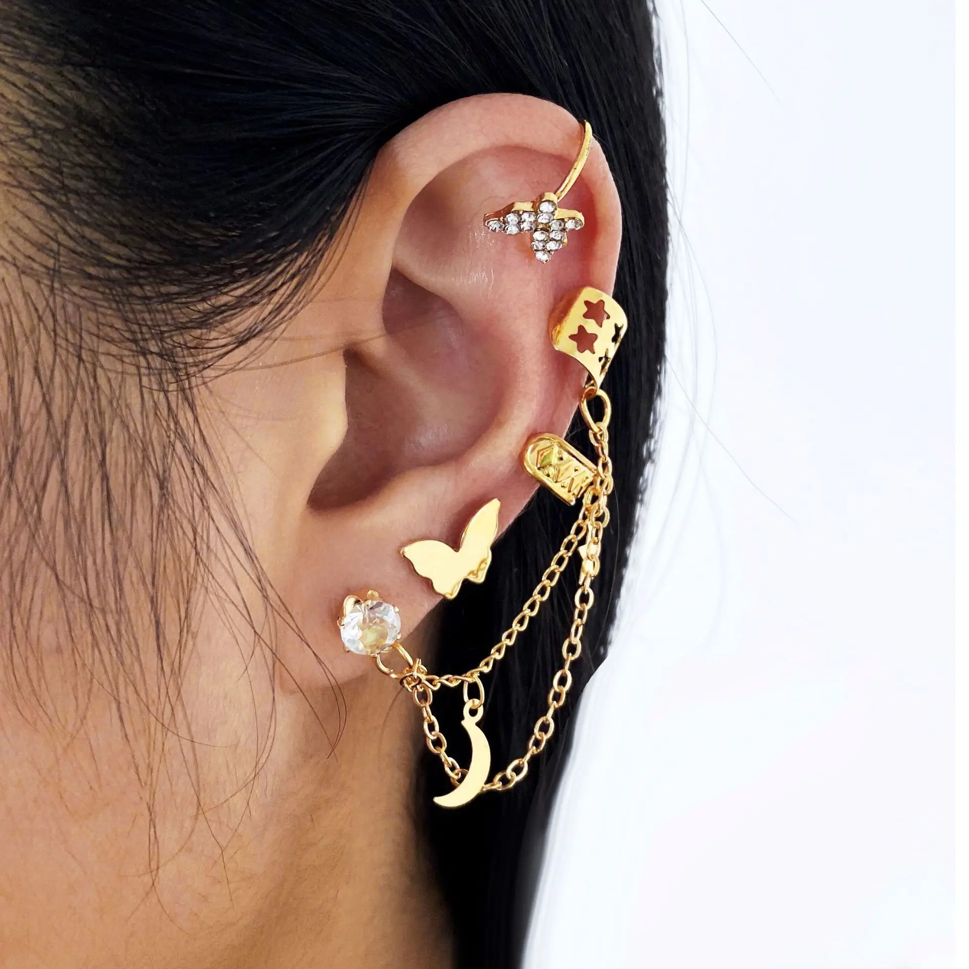 Cross-Border Creative Minimalist Non-Pierced Ear Cuff 5-Piece Set, Personalized Gold Leaf Hollow Multi-Layered Earrings, C-Shaped Ear Clips