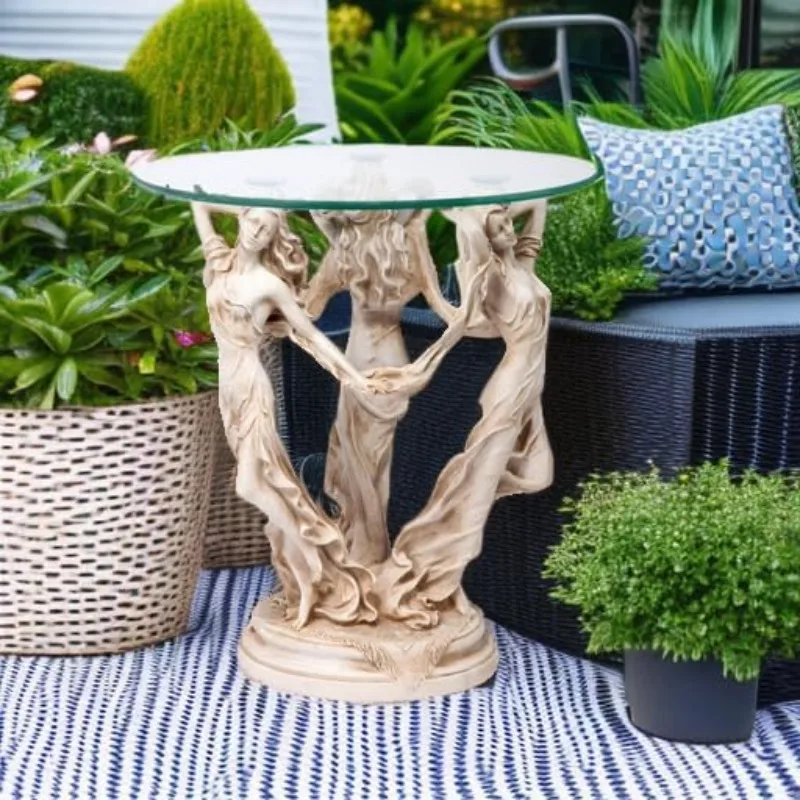 home.The Greek Muses Classic Glass-Topped Side Table,Handcast Polyresin, Antique Stone Finish