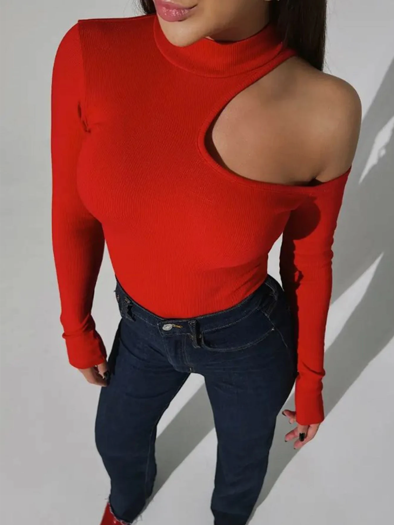 

Женская осенняя футболка с длинным рукавом, повседневный однотонный топ с вырезом и воротником-стойкой, облегающий повседневный топ