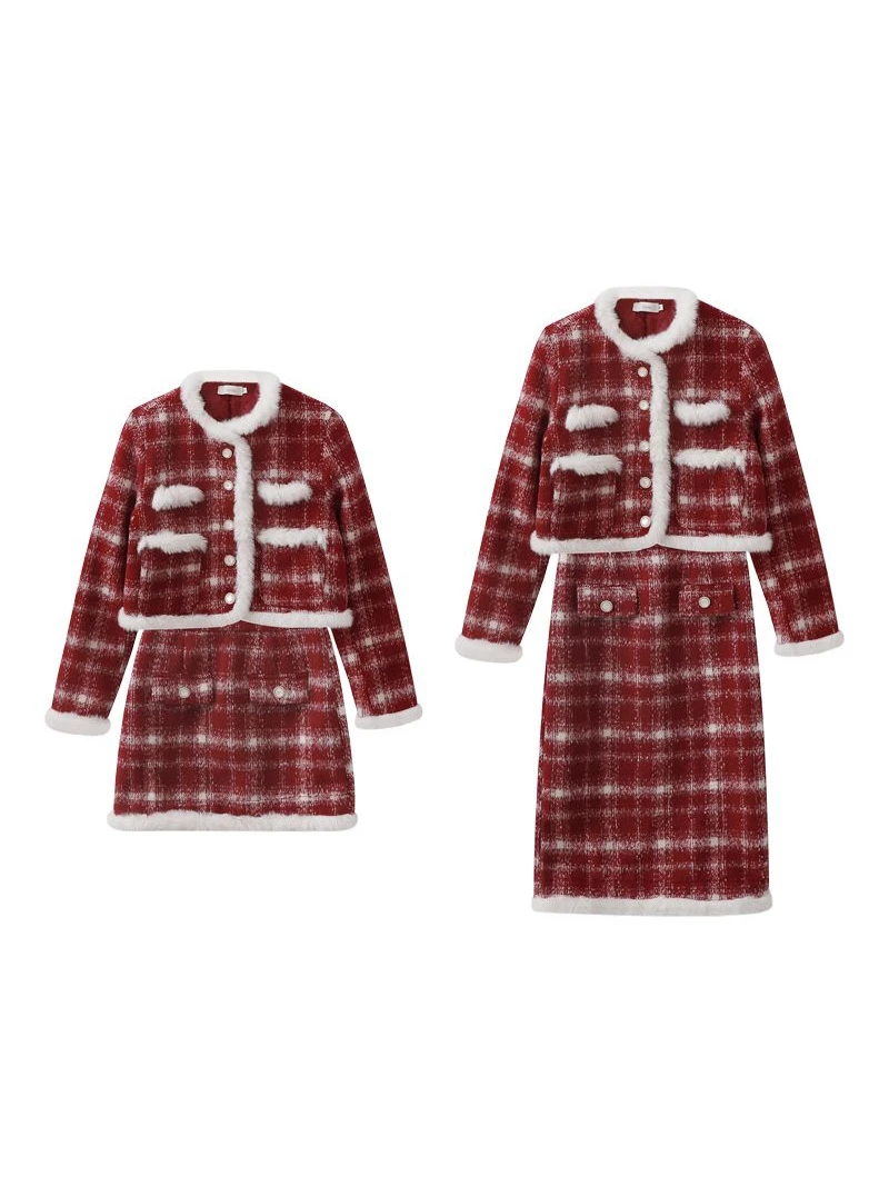 

Autumn Winter Retro Small Fragrance Style Plaid Button Woolen Jacket Women's Short/Long Slimming Temperament Skirt Two-piece Set