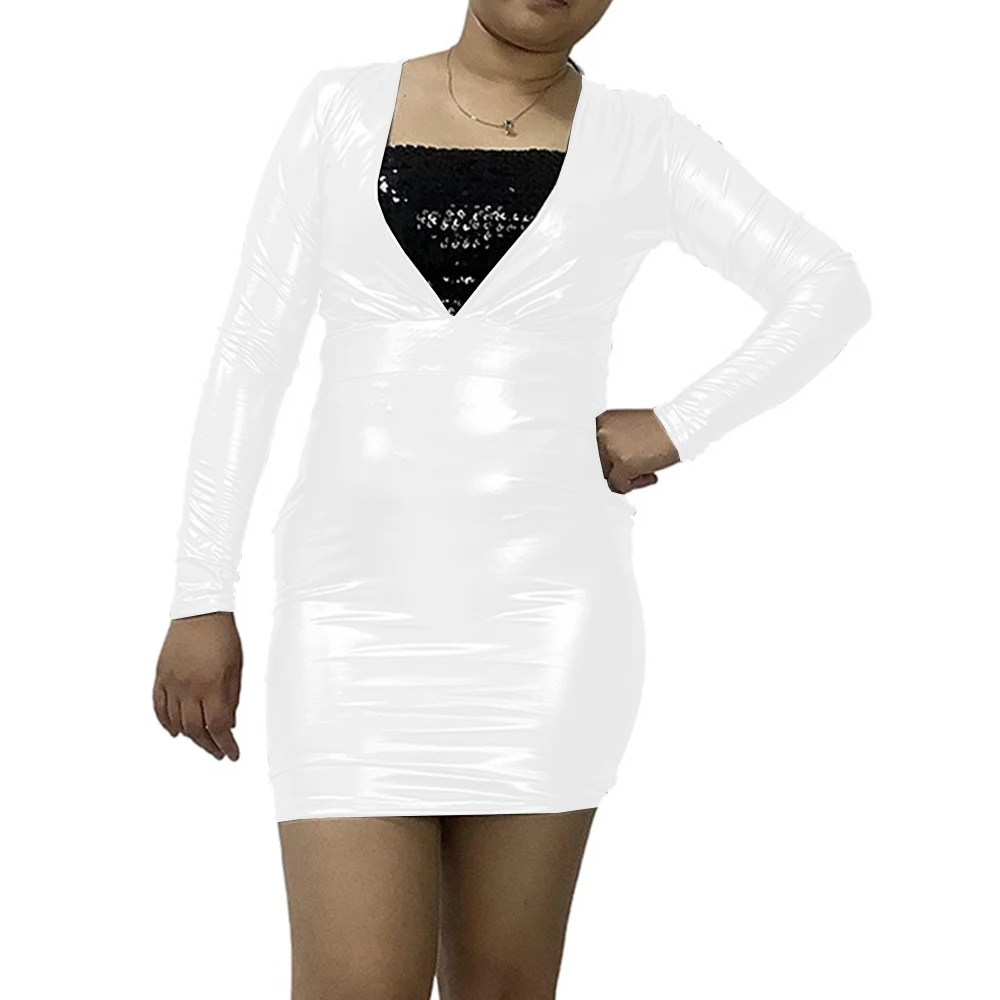 Ladies Shiny Metallic Mini Dress, Long Sleeve, V Neck, Pencil Dress, Nightclub, Party Clubwear, Pole Dance, Sexy, 7XL