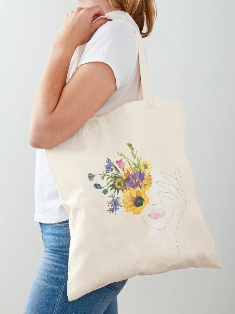 Minimal Line Art Drawing Woman With Watercolor Summer Wreath Tote Bag Cloth bag Woman shopper bag Canvas Tote