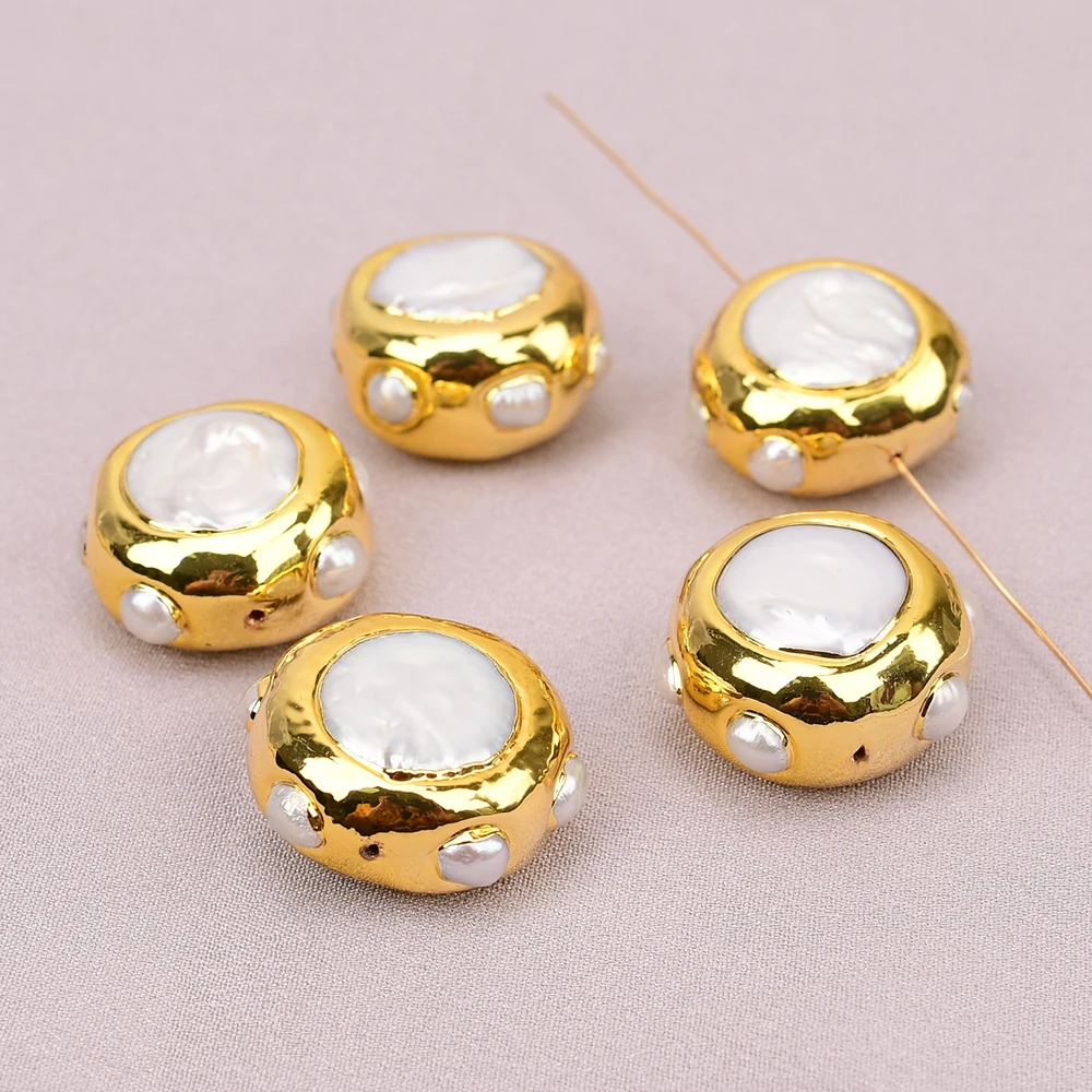 

APDGG Big 28mm Cultured White Coin Keshi Pearl Gold Plated Bezel Sets Connector Beads Jewelry DIY