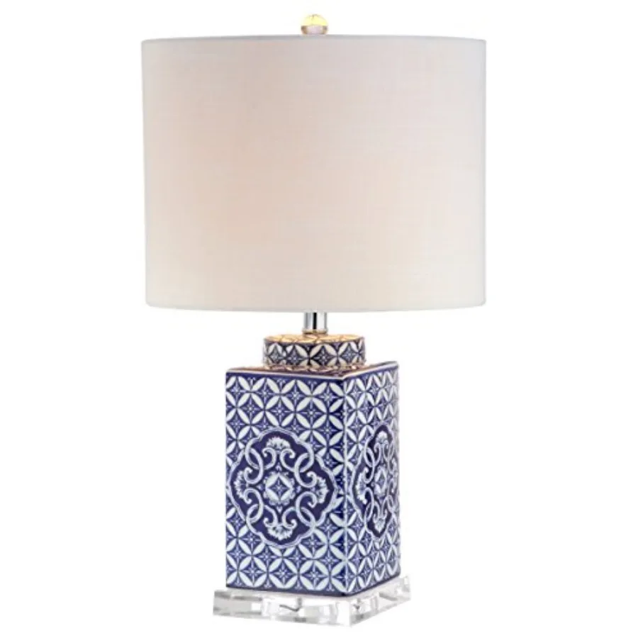 

23" Blue and White Chinoiserie Ceramic Table Lamp, Traditional Hand-Painted Bedside Lamp for Living Room Bedroom, White Linen D