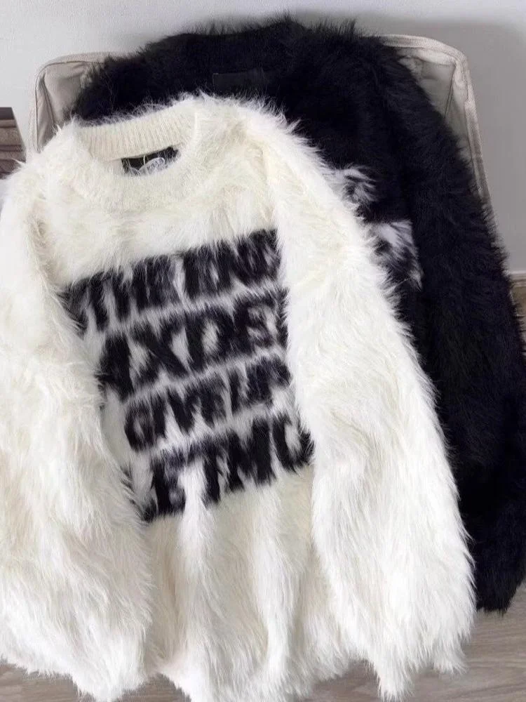 

American Trendy Letter Embroidered Mink Sweater Loose Lazy Sle Soft Knitted Outerwear for Men Autumn Winter Casual round Ne