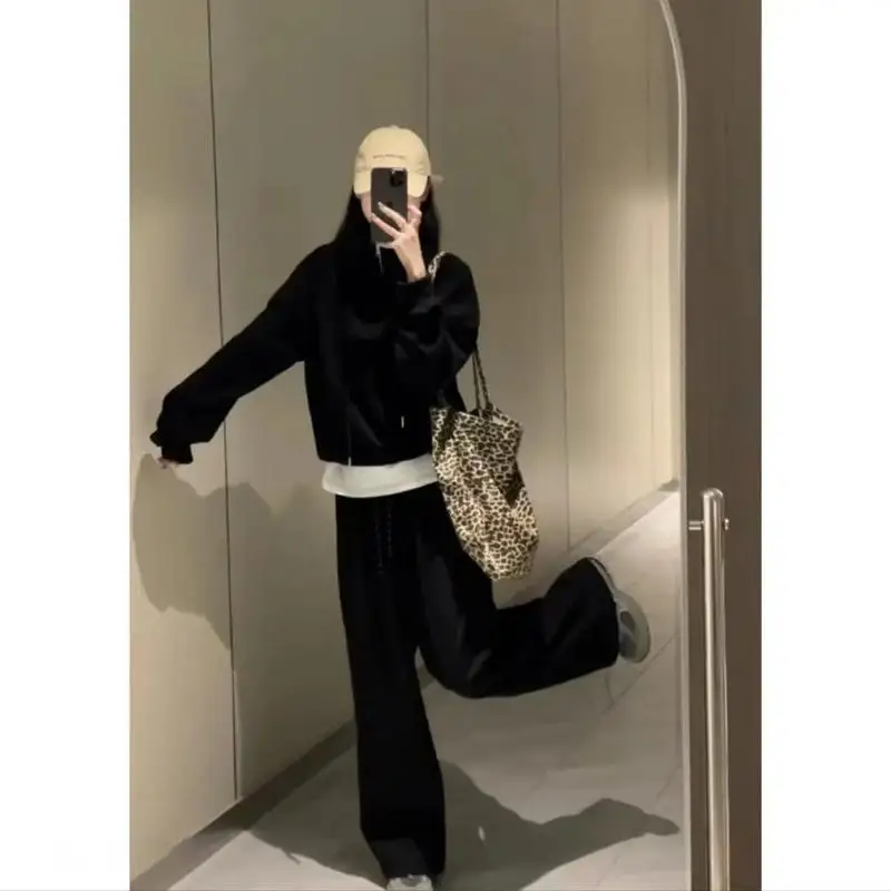 Conjunto de dos piezas de pantalones de pierna ancha, sudadera coreana Sle College Wind para principios de otoño, conjunto completo combinado de sistema de sal clete