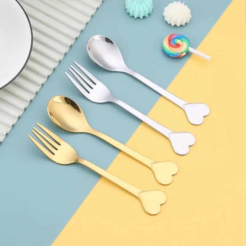 Stirring Dessert Spoons Forks Portable 304 Stainless Steel Kitchen Tableware Heart Sand Ice Cream Cake Coffee Honey Spoon Fork