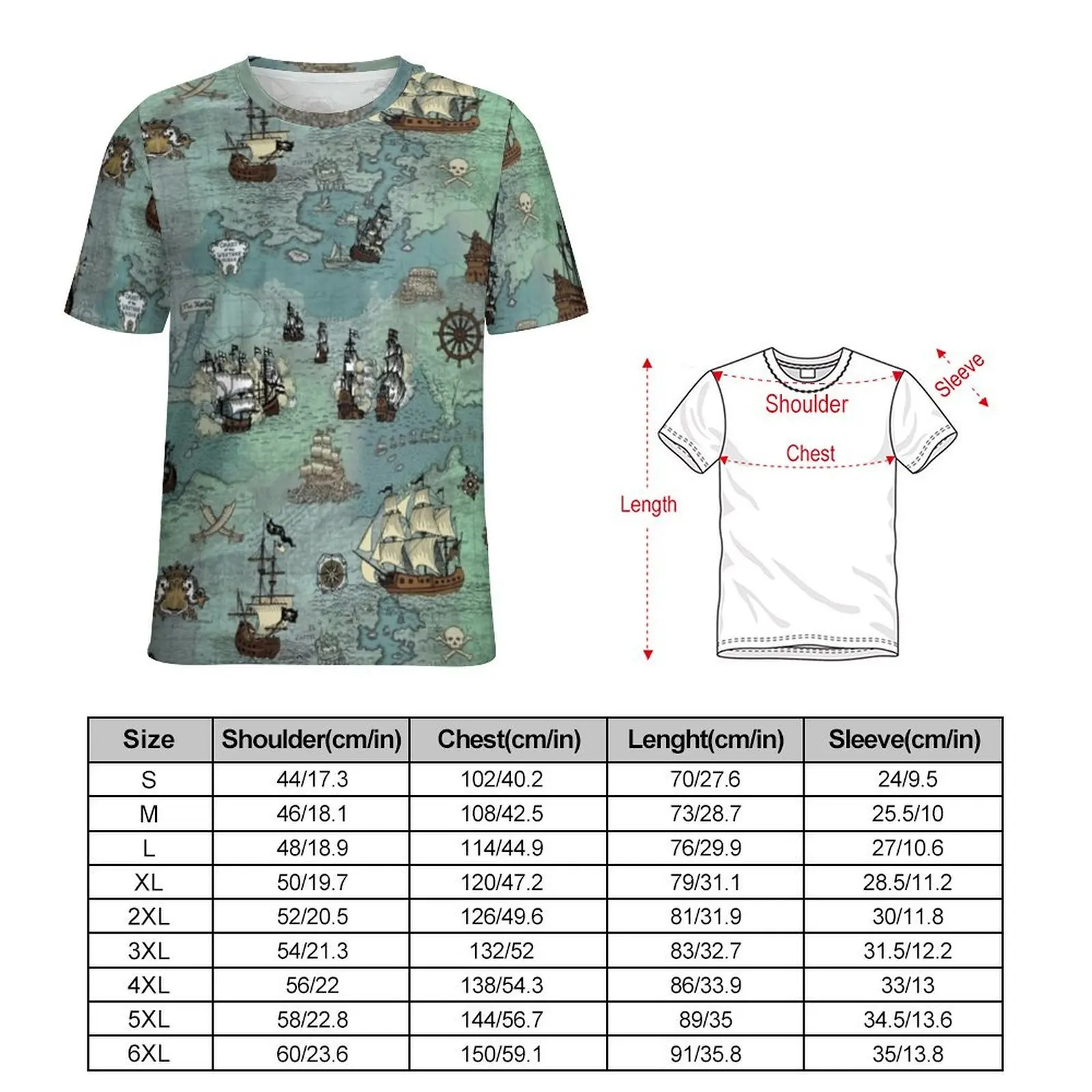 Summer T-Shirt Vintage Pirate Map T Shirts Nautical Sea Print Streetwear Vintage Tee Shirt For Men Short Sleeve Oversize Tops