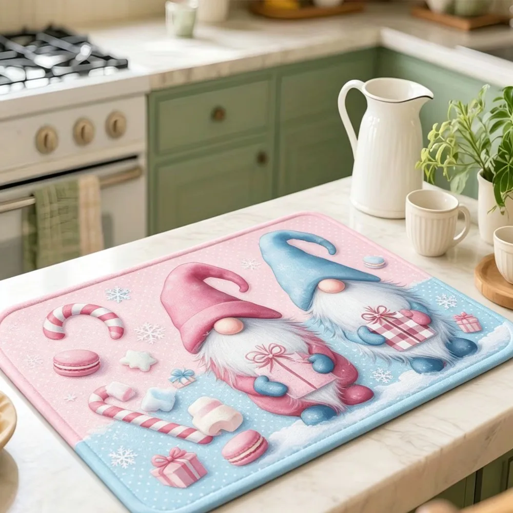 Purple Gnome Christmas Print Kitchen Mat Super Absorbent Dish Drying Pad Non Slip Tableware Counter Guard Sheet