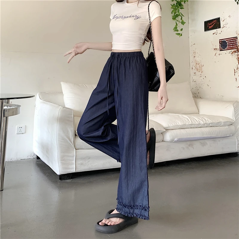 2026 Wide Leg Pants Women's Deep Blue Casual Straight Cut Trousers with Wood Grain Edges Spring Long Trousers Simple
