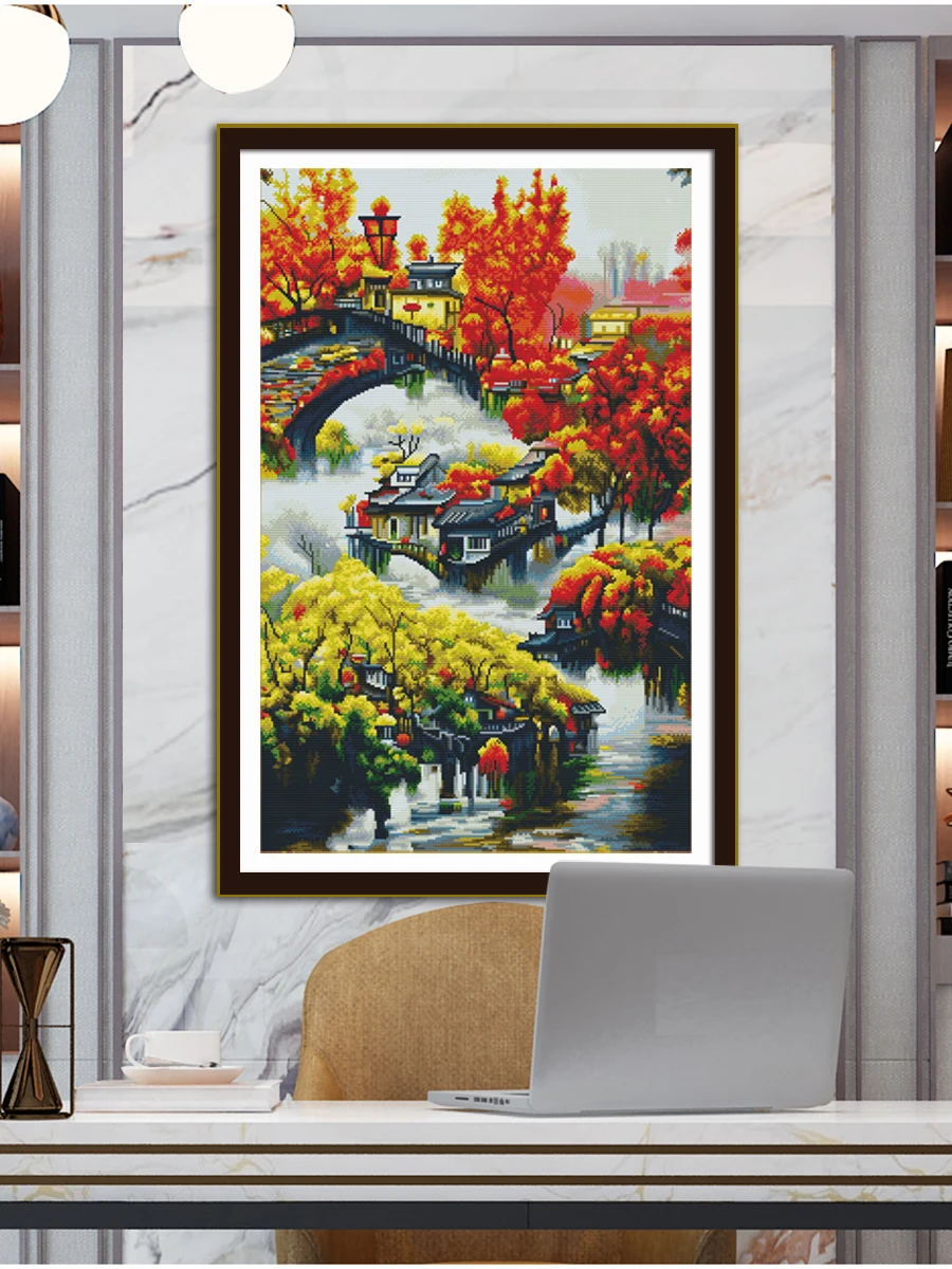 Autumn Cross Stitch Scenery Painting DIY Embroidery Kit Handmade Chinese Style Jiangnan Landscape Vertical Decorative Painting