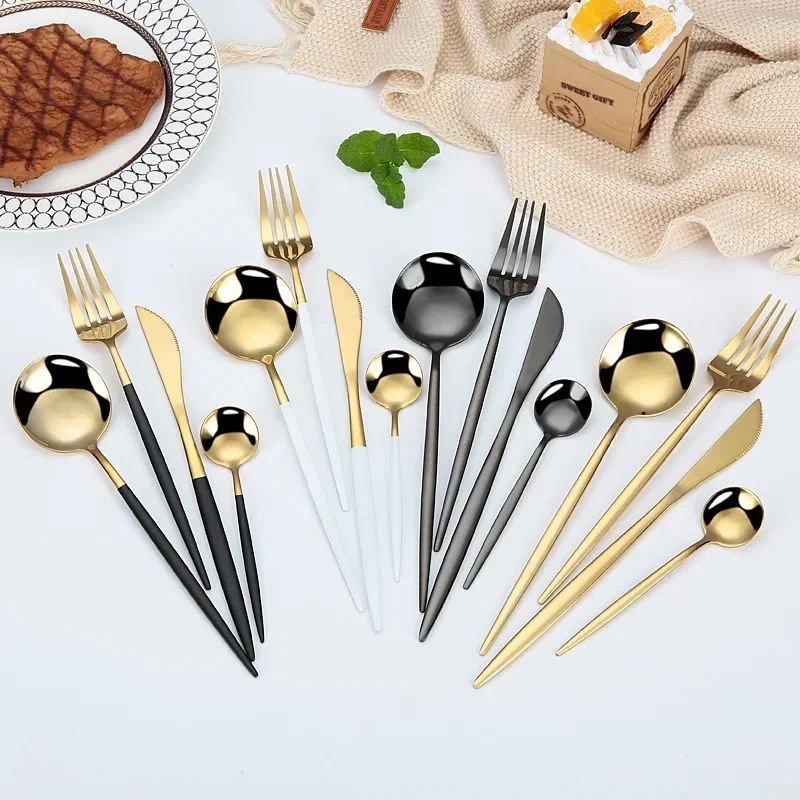 48Pcs Stainless Steel Cutlery Set Black Gold Dinnerware Spoon Fork Knife Western Cutleri Silverware Tableware Set Supplies