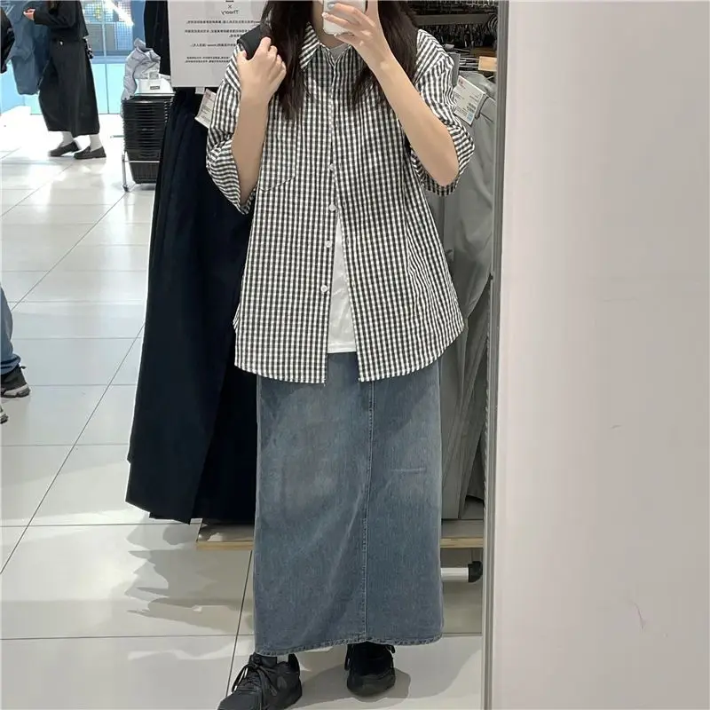 2023 Women\'s Clothing Elegant Fashion Office Lady Loose Turn-down Collar Short Sleeve Plaid Button Thin Summer Neutral Blouses