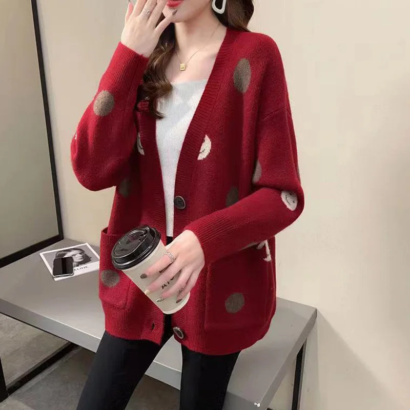 Knitting Cardigan Female Autumn Winter New Korean Loose Ladies Top Tee Cartoon V-neck Long Sleeve Sweater Coat Women Clothing