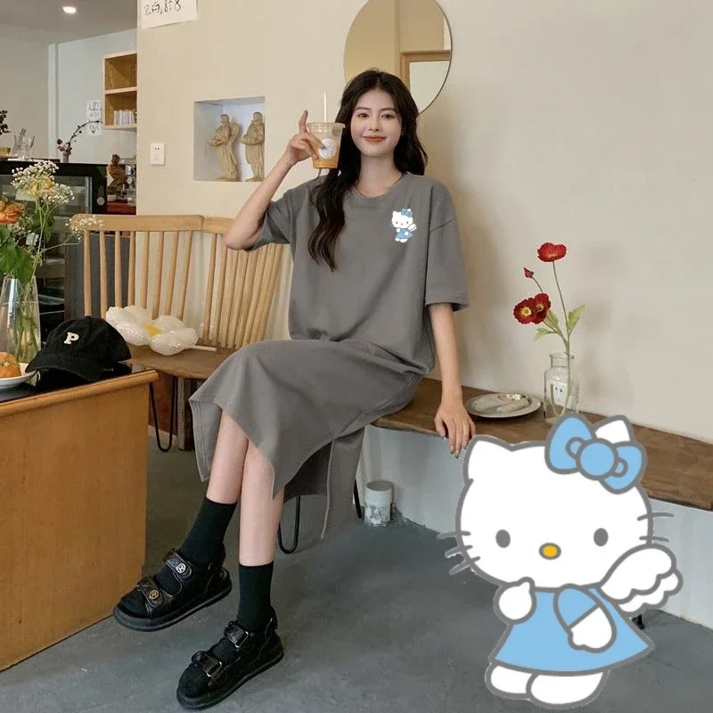 Miniso Hellokitty T-shirt Dress Sanrio Blue Kitcat Printing Cute Women Super Lone Style Light Gray Colour Shortsleeve Soft Skirt