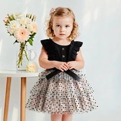 Baby Girl Ruffles Sleeves Knitted Dress Kids Polka Dot Mesh Dress Girl Princess Cake Dress Kid Elegant Black Dress For 2-6 Years