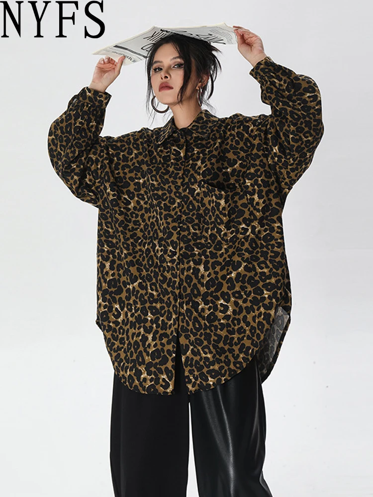 

NYFS осенний стиль женская рубашка с леопардовым принтом топы с длинными рукавами свободные однобортные Blusas больших размеров Camisa Mujer