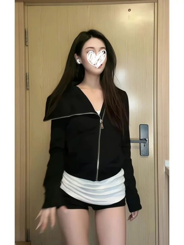 

American Vintage Spicy Style Outwear Zipper Long Sleeve Asymmetry Pure Color Fashion Subculture Y2k Short Hooded Woamn Autumn