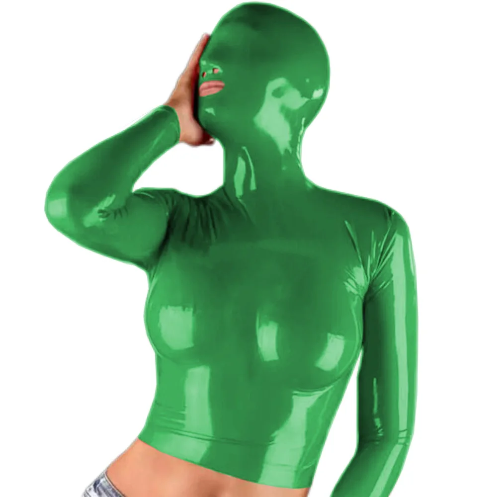 Masked Hooded Crop Tops, Sexy Faux Latex, Long Sleeve, Cross Dressing Tee Shirt, Club Roleplay Costumes, Unique PVC Fetish