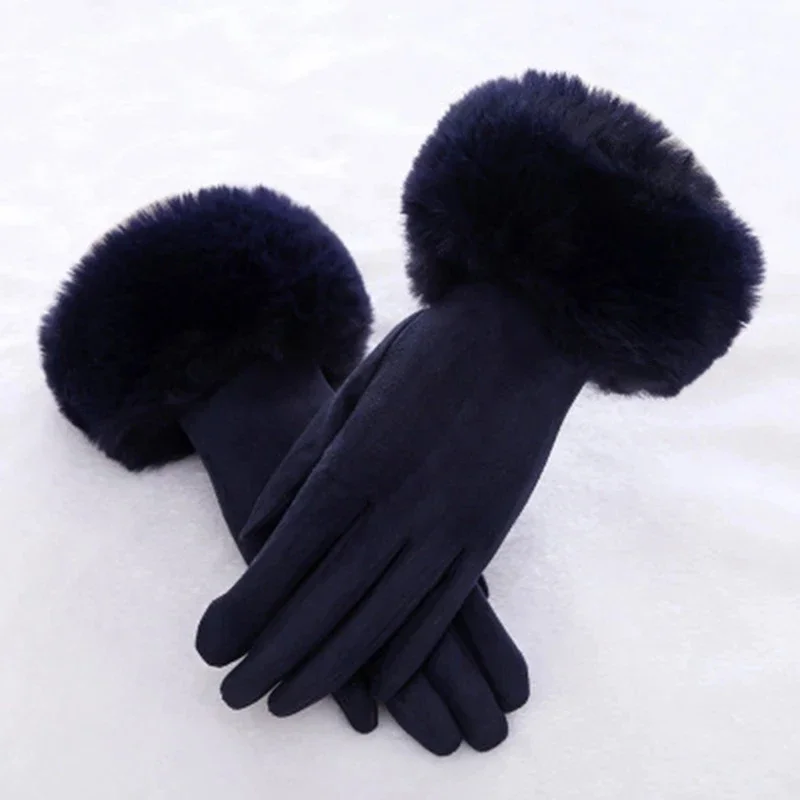 

Female Faux Rabit Fur Suede Leather Touch Screen Driving Glove Winter Warm Plush Thick Embroidery Full Finger Cycling Mitten H92