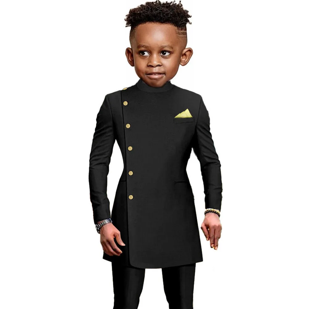 Black African Style Boys Suit Long Jacket Pants 2 Piece Set Double Breasted Blazer Wedding Tuxedo Kids Formal Party Dress